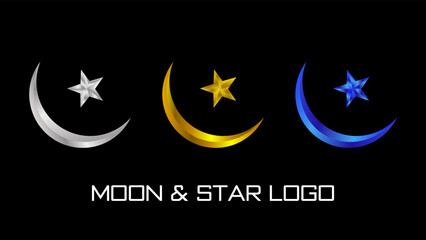 Luxury Moon Star Logo Icon Symbol in three colors gold, gray, blue vector design