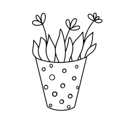 Hand drawn cute flowers in pot. Vector doodle illustration isolated on white background