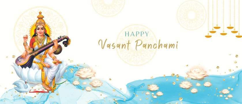 Vasant Panchami festival background. Goddess Saraswati Mata puja. Abstract vector illustration design.