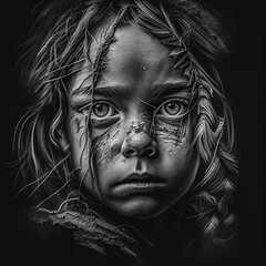 Black and White Portrait of a sad and beautiful homeless girl with a slight frown made with Generative AI