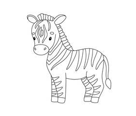 Fototapeta na wymiar Cute zebra in line style. Drawing african baby wild animal isolated on white background. Vector sweet outline illustration for childish coloring book.