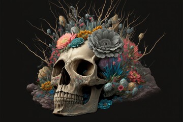La Santa Muerte. Mexican Skull adorned with flowers. Calavera Grim Reaper - Floral sugar skull grim reaper. This image was created with generative AI