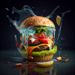 a hamburger that is falling into the air, a surrealist painting, created with AI technology