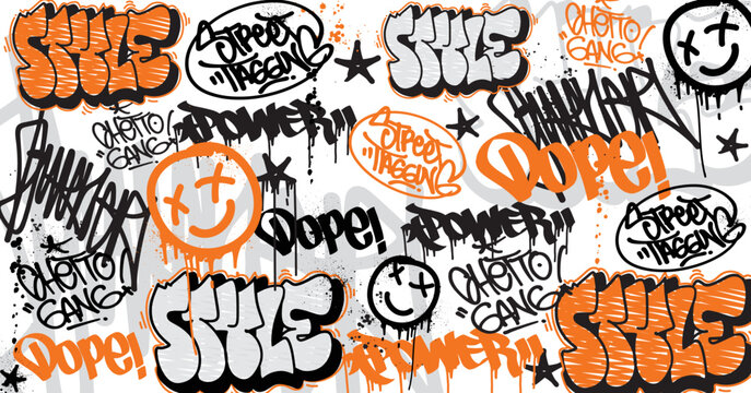 Fototapeta Abstract graffiti art background with scribble throw-up and tagging hand-drawn style. Street art graffiti urban theme for prints, patterns, banners, and textiles in vector format.