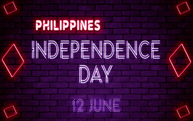 Fototapeta na wymiar Happy Independence Day of Philippines, 12 June. World National Days Neon Text Effect on bricks background