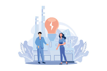 Sustainability illustration. Energy efficiency in household and industry. Characters using green electricity, paying less and saving money. Electricity consumption concept. 