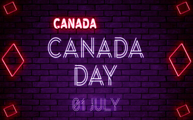 Happy Canada Day of Canada, 01 July. World National Days Neon Text Effect on bricks background