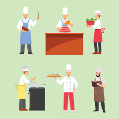 Restaurant worker set with restaurant supervisor manager chef waiter and kitchen assistant with food preparing team. Food preparing process in restaurant and standing waiter with meal plate in hand.