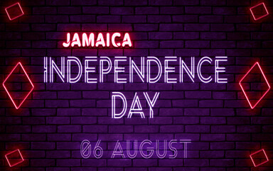 Happy Independence Day of Jamaica, 06 August. World National Days Neon Text Effect on bricks background