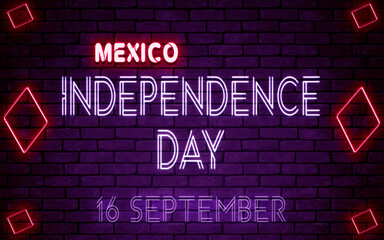 Obraz premium Happy Independence Day of Mexico, 16 September. World National Days Neon Text Effect on bricks background