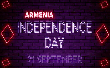 Happy Independence Day of Armenia, 21 September. World National Days Neon Text Effect on bricks background