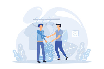 Sustainability illustration. Characters reducing food waste, buying reused clothes, recycling plastic bottles. Reduce, reuse, recycle and zero waste concept. Flat vector illustration 