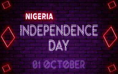 Naklejka na ściany i meble Happy Independence Day of Nigeria, 01 October. World National Days Neon Text Effect on bricks background