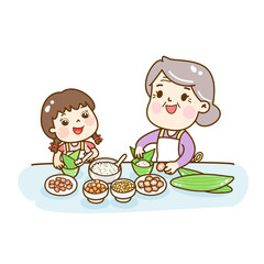 Cartoon happy family making zongzi.