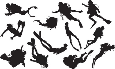 Scuba divers silhouette, Set of Scuba divers vector illustration