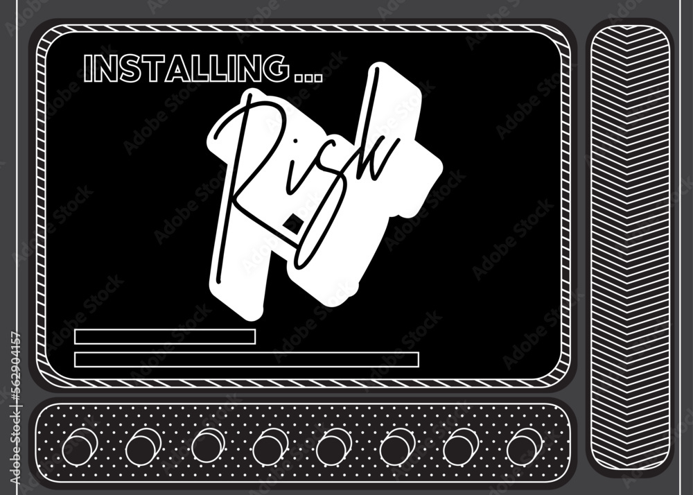 Poster Cartoon Computer With the word Risk. Message of a screen displaying an installation window.