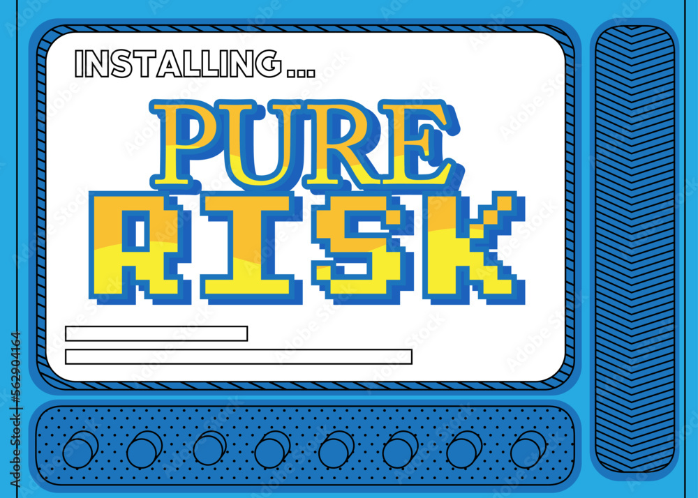 Poster Cartoon Computer With the word Pure Risk. Message of a screen displaying an installation window.