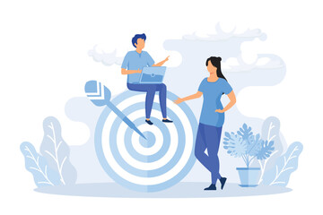 Digital marketing illustration. Characters targeting audience, sending advertising mails and promotional offers, analyzing marketing data. Business concept. Flat vector modern illustration 