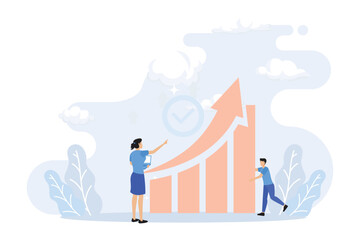 Digital business illustration. Characters generating ideas, targeting audience and analyzing marketing data. Business activities concept. Flat vector modern illustration. 