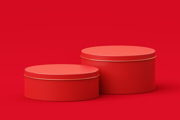 Red chinese podium 3d background festival stage with luxury gold round product display asian new year concept or minimal show pedestal empty mockup stand and advertising base platform sale banner.