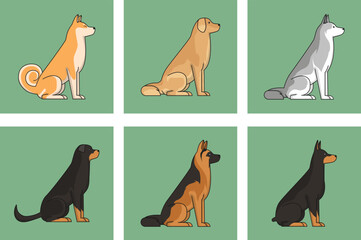 cute icon set set with dogs collection. Vector illustration of different dog breeds on trendy flat style green background.