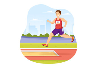 Long Jump Illustration with Athlete Doing Jumps in Sand Pit for Web Banner or Landing Page in Sport Championship Flat Cartoon Hand Drawn Templates