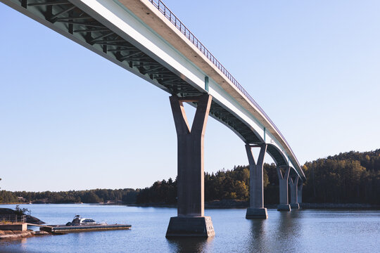 Aerial view of Lovo bridge, in Kasnas, Lövö road bridge in Kimitoön, Kemionsaari, Uusimaa, Finland in a summer sunny day