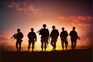 group of soldiers silhouettes on sunset.Generative AI