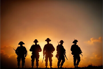 Fototapeta na wymiar group of soldiers silhouettes on sunset.Generative AI