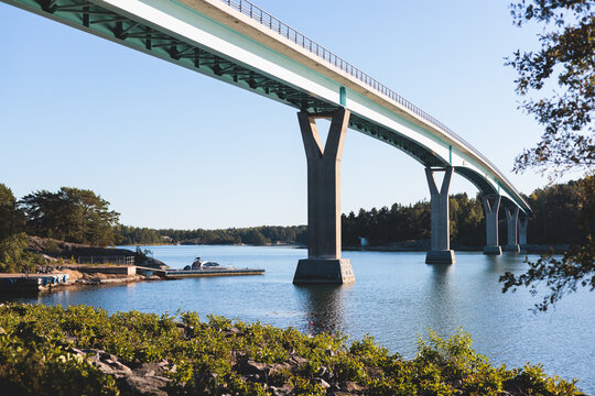 Aerial view of Lovo bridge, in Kasnas, Lövö road bridge in Kimitoön, Kemionsaari, Uusimaa, Finland in a summer sunny day