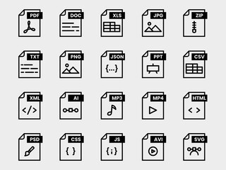 Document file format folder pdf doc xls jpg zip txt png json ppt csv xml ai mp3 mp4 html psd css js avi svg