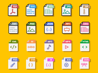 Document file format folder pdf doc xls jpg zip txt png json ppt csv xml ai mp3 mp4 html psd css js avi svg