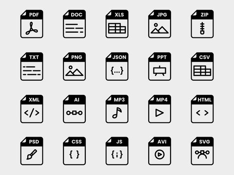Document file format folder pdf doc xls jpg zip txt png json ppt csv xml ai mp3 mp4 html psd css js avi svg