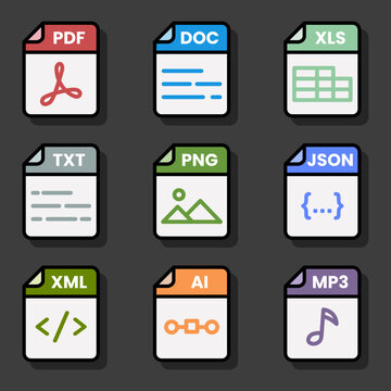 Document file format folder pdf doc xls jpg zip txt png json ppt csv xml ai mp3 mp4 html psd css js avi svg