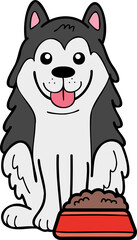 Hand Drawn husky Dog with food illustration in doodle style