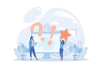 Frequency asked questions and helpdesk illustration. Characters contacting with helpdesk service, asking questions and receiving answers. Customer support concept. Flat vetor modern illustration 