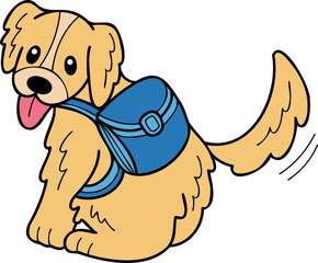 Hand Drawn Golden retriever Dog with backpack illustration in doodle style