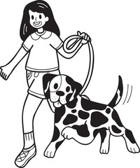 Hand Drawn Dalmatian Dog walking with owner illustration in doodle style