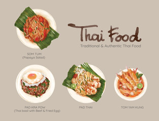 Hand drawn watercolor Thai food including Pad Thai, Som Tum or papaya salad, Pad Kra Pow or basil with beef and fried egg, and Tom Yam Kung.  - obrazy, fototapety, plakaty