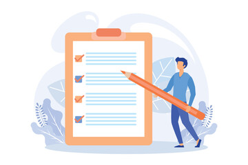 Customer feedback and user experience illustration. Characters giving review to customer service operator, choosing emoji to show satisfaction rating and filling survey form. flat vector illustration 