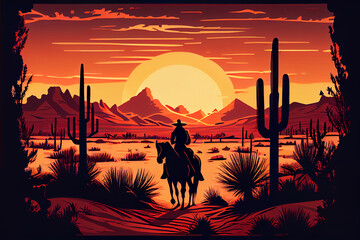 Silhouette of a cowboy and a horse at sunset