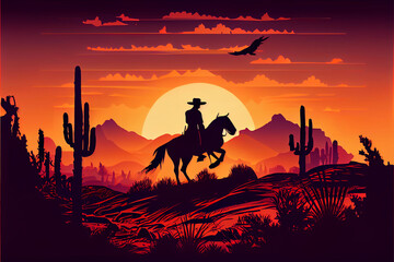 Silhouette of a cowboy and a horse at sunset
