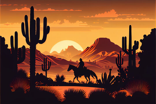 Silhouette of a cowboy and a horse at sunset