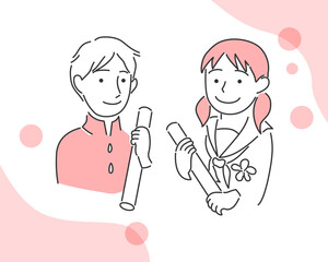 卒業証書を持っている学生服の男の子とセーラー服の女の子