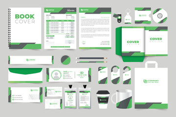 Creative corporate brand identity template collection with green and dark colors. Business promotional stationery bundle design for marketing. Company identity and advertisement template set vector.