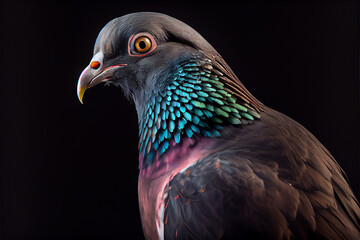 Fototapeta premium Portrait of a pigeon on a black background. generative ai