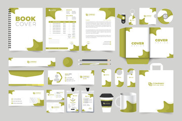 Modern business advertisement stationery template collection with green colors. Corporate identity ID card, business card, email signature bundle with abstract shapes. Brand identity template.