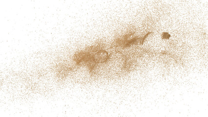 3D rendering of scattered sand granules or fine dirt on transparent background