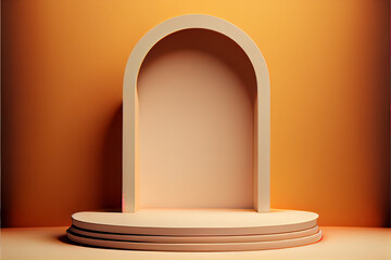 Empty podium in front of a orange wall. generative ai