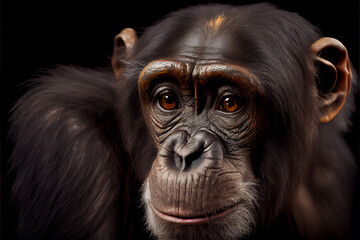 Portrait of a bonobo monkey on a black background. generative ai